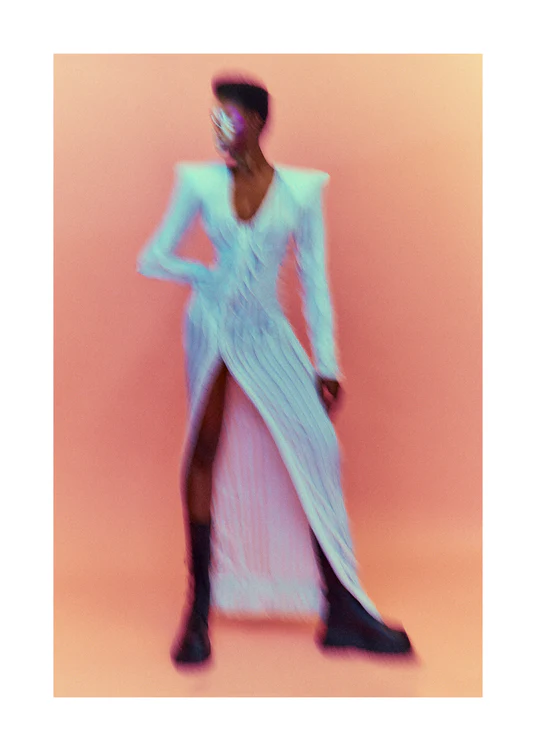 A blurry poster of a woman in a white dress in front of a peach pink background.