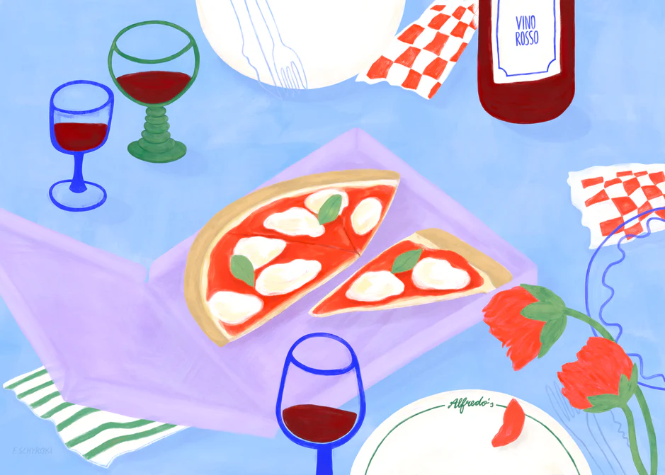 The Pizza for Three Poster features a beautifully illustrated pizza adorned with tomatoes and basil, flanked by red wine glasses, plates, and a wine bottle. Red and white checkered napkins enhance the charm alongside a flower on the light blue tablecloth—ideal wall art for any dining space.