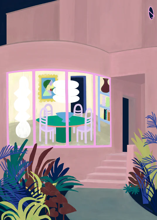 The Lighted Windows 01 Poster showcases illustrated artwork of a contemporary room with large windows, featuring a round table, chairs, and decorative lighting. The vibrant design includes pink exterior walls, tall plants, and entrance steps to create a warm atmosphere—ideal for vivid poster displays.