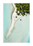 Island with white sand, turquoise ocean and green palm trees captured from above.