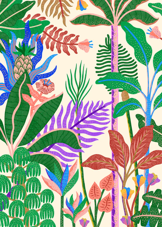 The Jungle by Day Poster showcases a magical artwork of vibrant tropical plants and leaves against a light background, with rich greens, blues, purples, and reds blending with abstract shapes like leaves, ferns, and a pineapple to mirror Manne Jalilians lush botanical style.