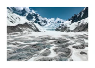 Mountain scenery with frozen grounds and snow-capped mountain peaks.