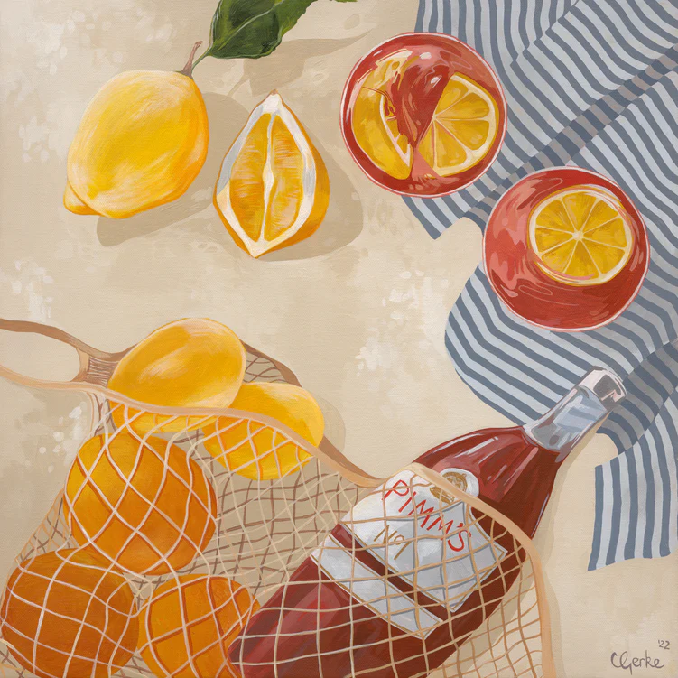 The Pimms Afternoon Poster by Cat Gerke features a still life with a Pimms bottle in a net bag, surrounded by oranges, lemons, lemon halves, and two red cups with lemon slices on Wallbabys textured surface.