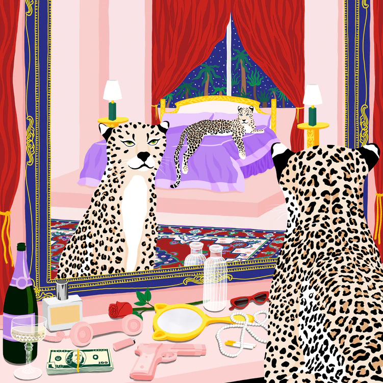 Facing a mirror, a cheetah reflects its image as if it were a living masterpiece. Amidst the cluttered vanity table—cash, drinks, a rose, pink gun, and sunglasses—another cheetah lounges under elegant red curtains in the reflection. A sophisticated Bonafyde Poster-worthy scene.