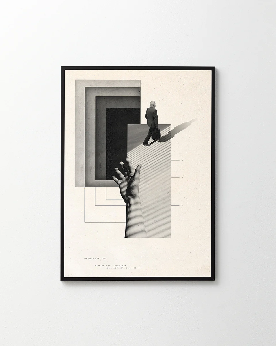Graphic design combining straight lines and squares with real life photography.
