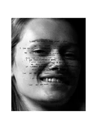 A portrait of a smiling woman with lyrics written across her face.