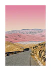 Technicolor scenic landscape with pink and purple mountains under a pink sky.