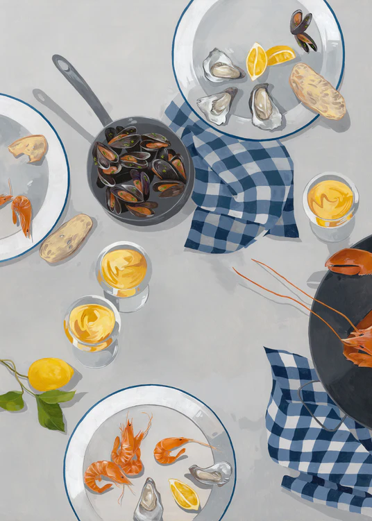 The Break Out of the Shell I Poster features a seafood feast with shrimp, mussels, oysters, and lemon wedges on a table. A pan of cooked mussels sits among blue checkered napkins and yellow drinks, all surrounded by vibrant lemon branches.