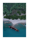 A shipwreck washed up on shore laying between the blue ocean and a green forest.
