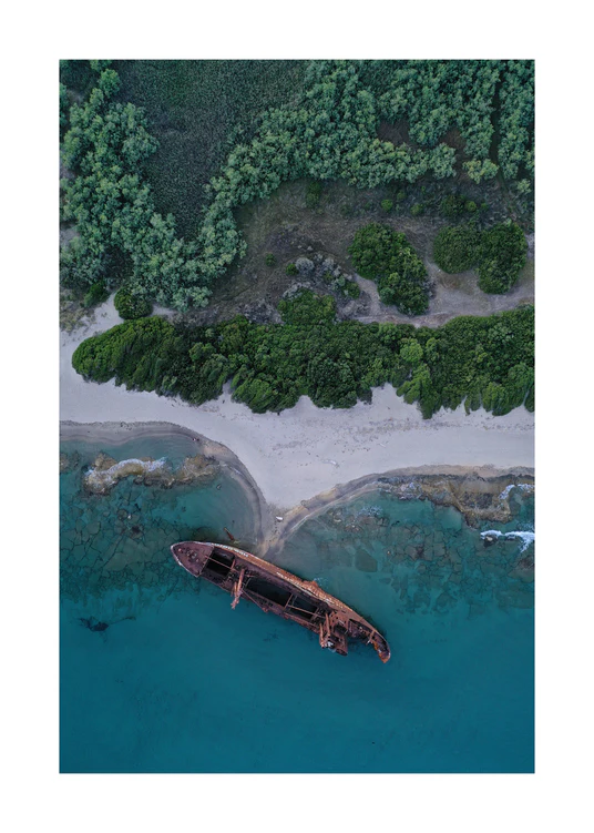 A shipwreck washed up on shore laying between the blue ocean and a green forest.