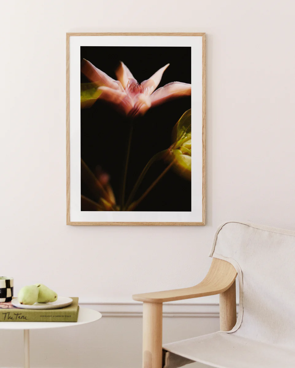 The If Monet Had a Camera I Poster hangs on a cream wall, showcasing soft pink petals. Below, a wooden chair with white cushions sits beside a table with a book and pear, capturing the timeless elegance of French girls style.