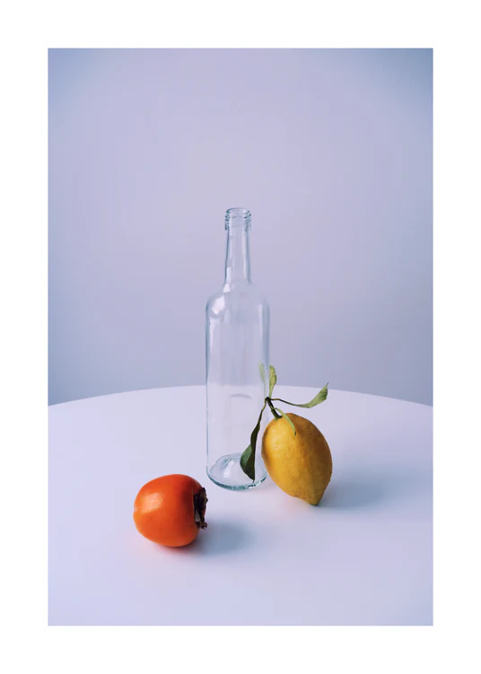 Photo of still life set up of fruits and a bottle looking like a painting.