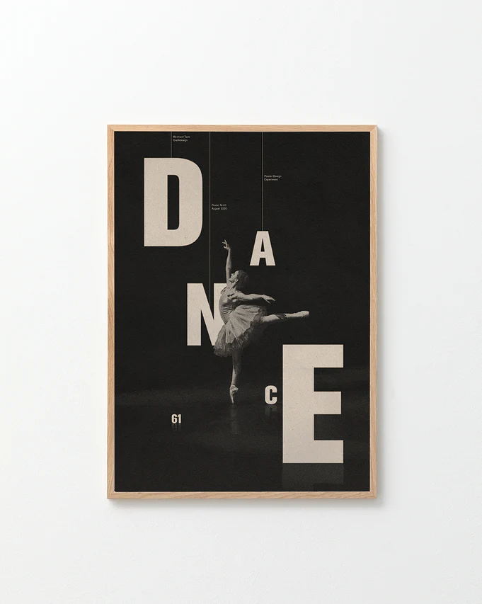 Ballerina on a black canvas surrounded by letters spelling out the word dance.