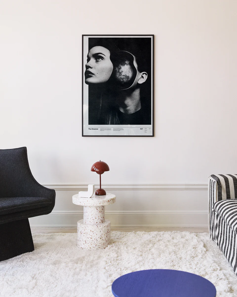 Face of a woman floating in front of her head filled with sparkling dreams.