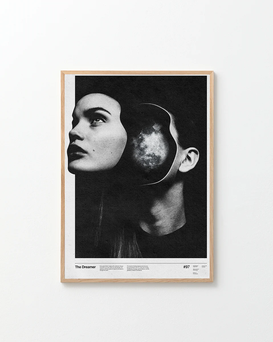 Face of a woman floating in front of her head filled with sparkling dreams.