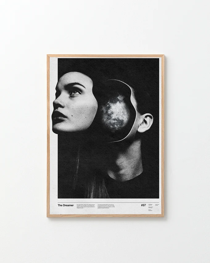 Face of a woman floating in front of her head filled with sparkling dreams.