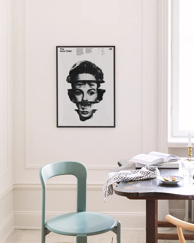 Woman with face split in five each part showing a different emotion.