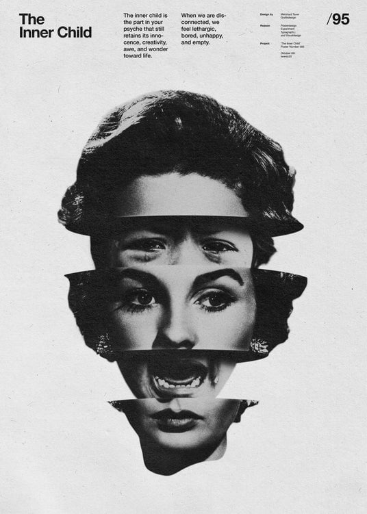 Woman with face split in five each part showing a different emotion.